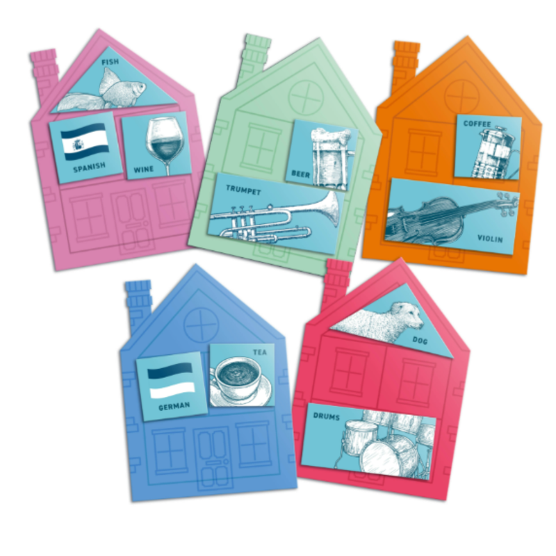 Colorful house-shaped cards with various symbols and text on a white background.