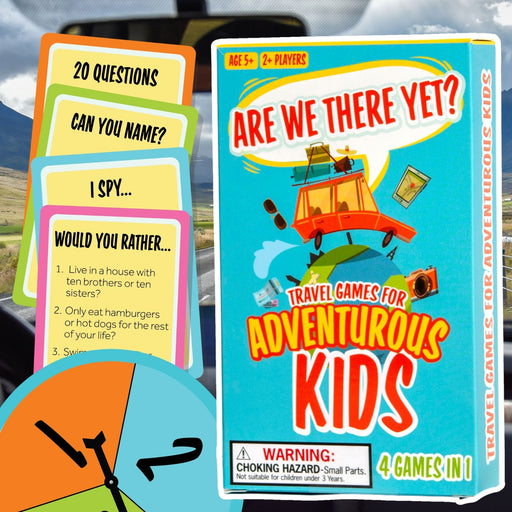 Are We There Yet travel game cards displayed in car setting showing game components