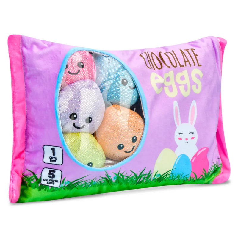Purple Easter egg package containing colorful plush chocolate egg buddies with cute faces