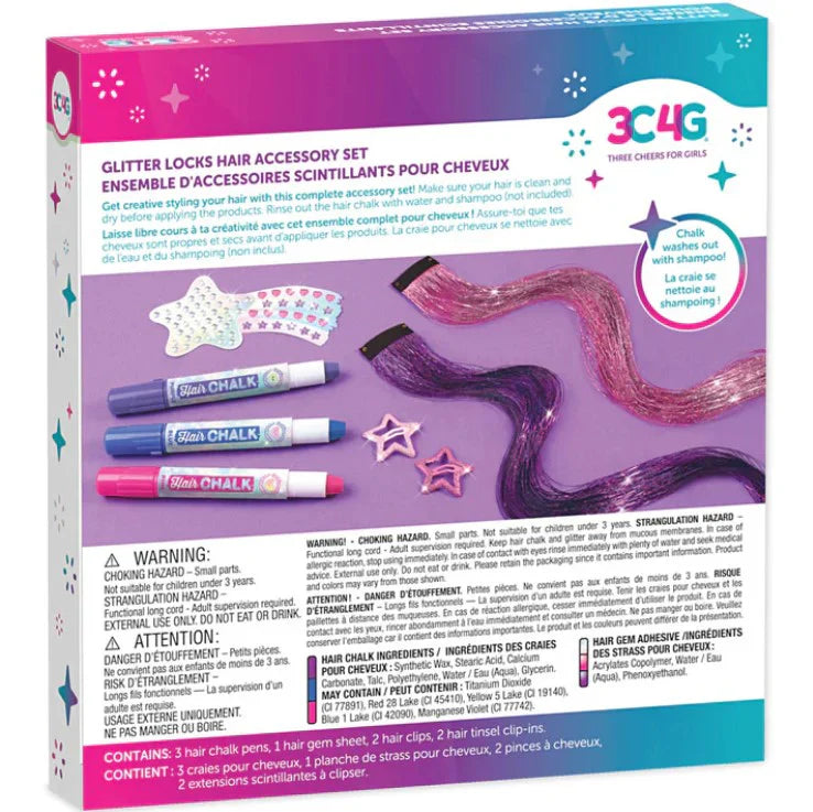 3C4G Glitter Locks Hair Accessory Set packaging showing hair chalk, clips and hair gems