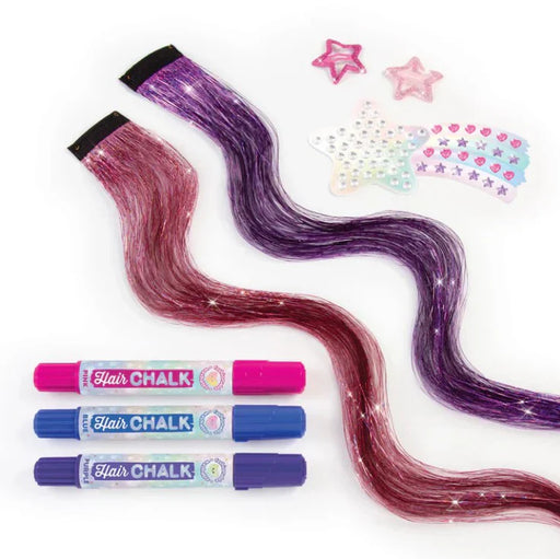 Hair accessory set with colorful hair extensions, chalk markers, and decorative stickers