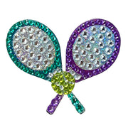 Sparkly tennis racket gem sticker with rhinestones in teal, purple, and lime green colors
