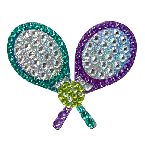 Sparkly tennis racket gem sticker with rhinestones in teal, purple, and lime green colors