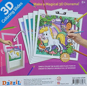 DazziL 3D Coloring Slides Unicorn kit showing 5 layered slides creating magical diorama