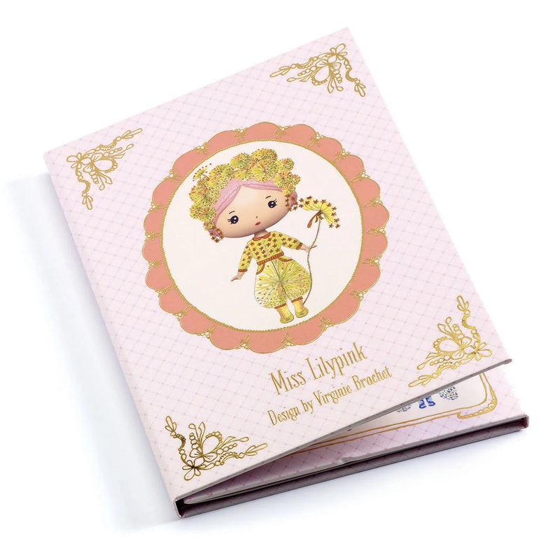 DJECO Miss Lilypink removable sticker book with pink cover and gold decorative details