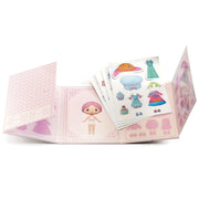 Djeco Tinily Miss Lilypink removable sticker set open showing pink doll and clothing sticker sheets