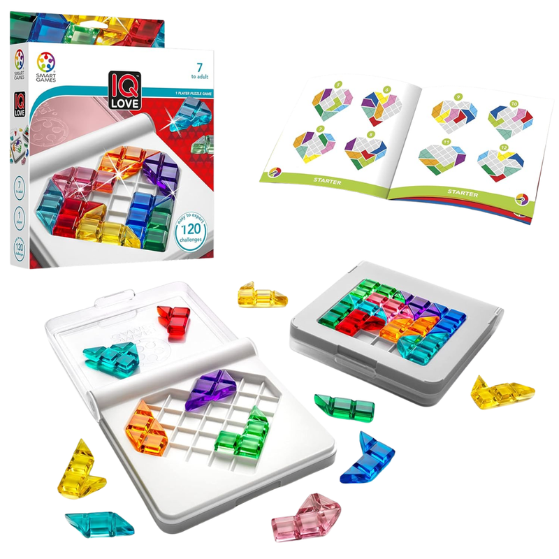 Colorful puzzle pieces in a tin with packaging and instruction manual on a white background.