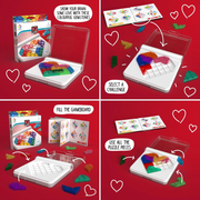 Collage of a puzzle game with colorful gemstones and a gameboard on a red background.