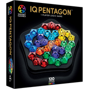 IQ Pentagon puzzle game packaging with colorful pentagons on a black background.