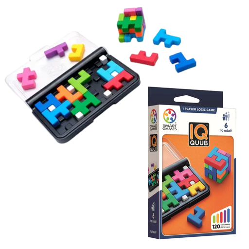 IQ Quub puzzle game from Smart Games.  Showing colorful pieces and packaging on a white background.