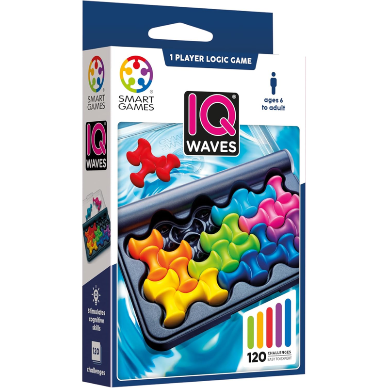 IQ Waves logic game packaging by Smart Games with colorful gears and blue background.