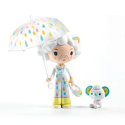 Djeco Tinyly Prunelle and Blanca figures with colorful raindrop umbrella and koala companion