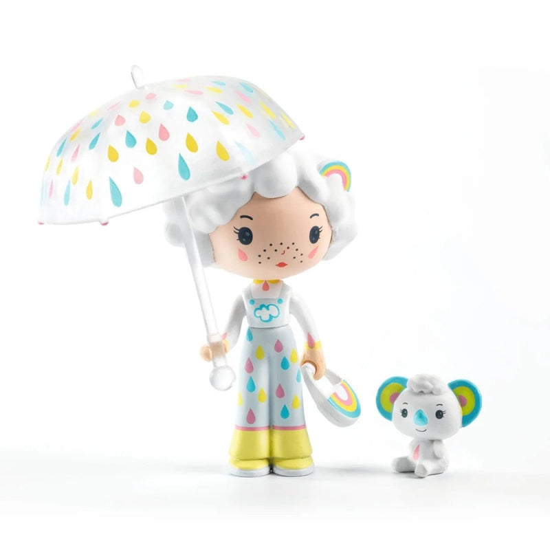 Djeco Tinyly Prunelle and Blanca figures with colorful raindrop umbrella and koala companion