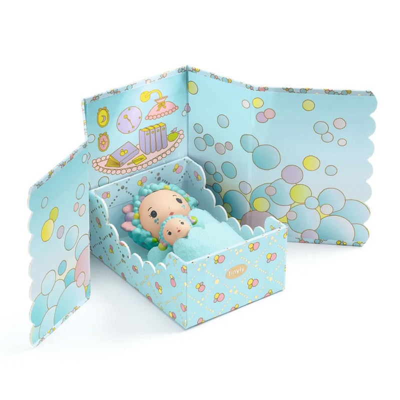 Djeco Tinyly Blue Tinyroom set with figurine in decorative blue bubble-themed box