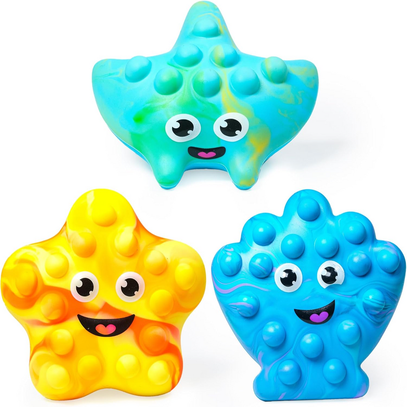 Three colorful bath toy poppers with textured bumps and cute faces
