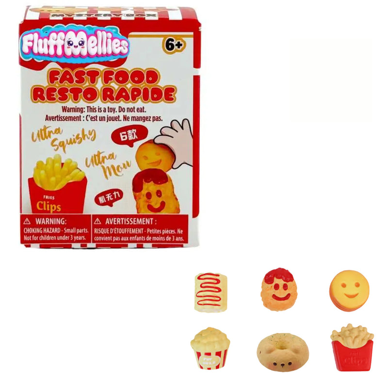 FluffMelles Fast Food  mystery toy squishies with red and white packaging box and six small edible-looking toy food pieces shown below on a white background.