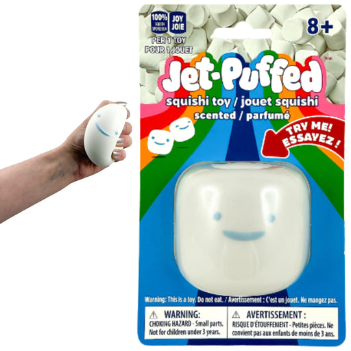 Jet-Puffed scented marshmallow squishy toy in colorful package with smiling face.