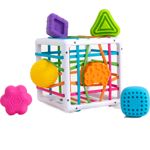 Fat Brain Toys InnyBin shape sorter cube with colorful sensory play pieceson a white background,