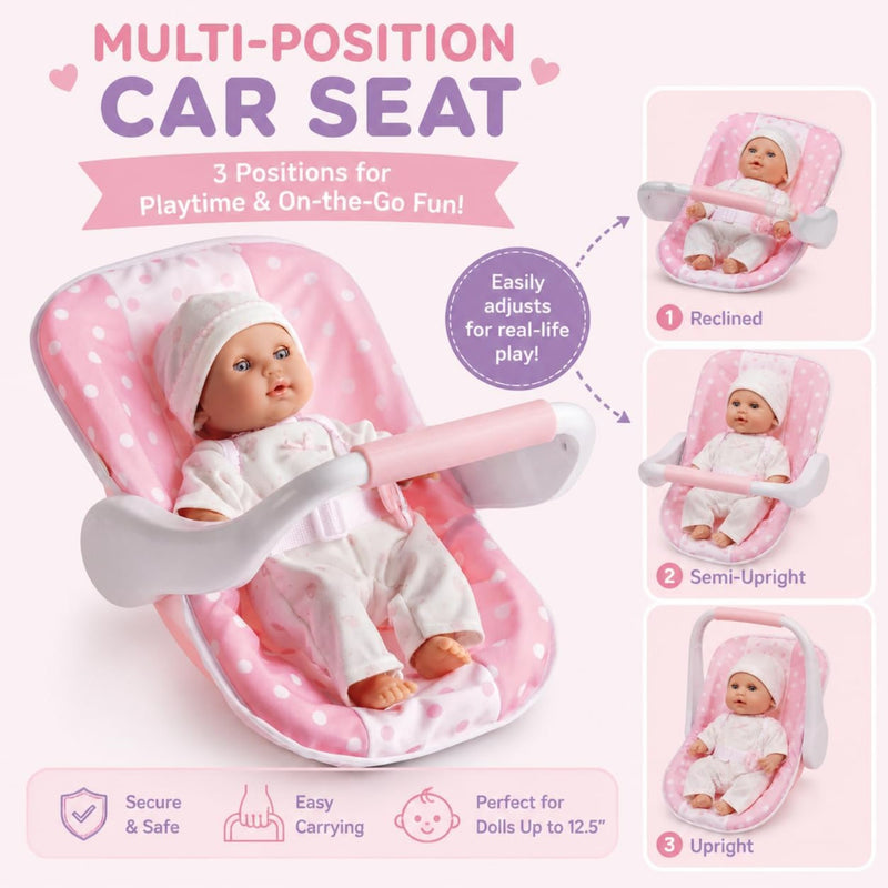 Pink and white polka dot baby car seat with a doll, shown on a light pink background with text and three inset diagrams demonstrating reclined, semi-upright, and upright positions.