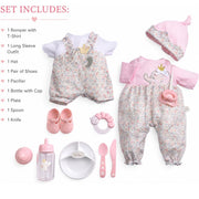Baby doll clothing and accessories set laid out on a white background, including a floral romper, long-sleeve outfit, hat, pacifier, shoes, bottle, plate, spoon, and knife. Text on the left lists included items.