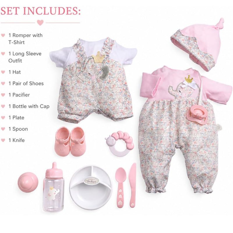 Baby doll clothing and accessories set laid out on a white background, including a floral romper, long-sleeve outfit, hat, pacifier, shoes, bottle, plate, spoon, and knife. Text on the left lists included items.