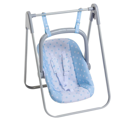 A toy baby swing seat with a light blue and white polka dot cushioned seat, suspended by two light blue straps from a silver metal frame, shown on a solid white background.