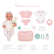 Bonbebé 16-piece heartbeat doll set with outfits, diaper bag, bottle, feeding pieces and accessories.