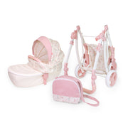 Bonbebé sports pram shown folded beside its detachable bassinet and matching storage bag.