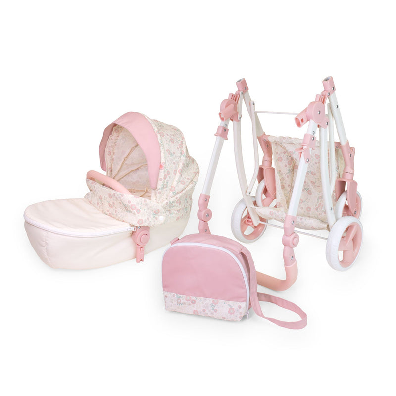 Bonbebé sports pram shown folded beside its detachable bassinet and matching storage bag.