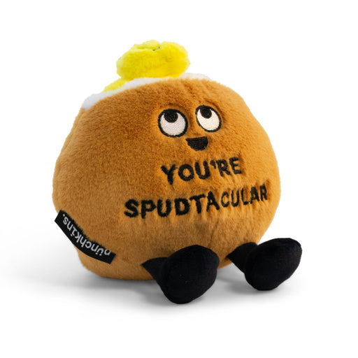 Brown potato plushie with googly eyes, white sour cream, yellow butter, saying You're Spudtacular
