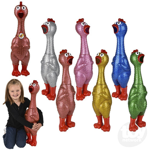 Collection of 24-inch sparkle rubber chickens in various colors with child model demonstrating size