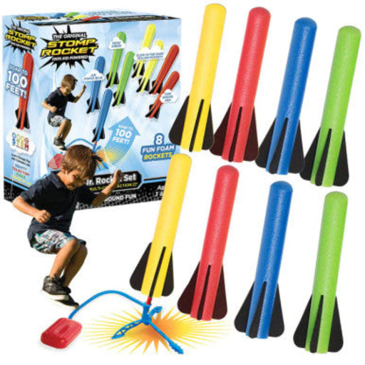 Stomp Rocket Jr. Rainbow Kit with 8 foam rockets in red, blue, yellow, and green.