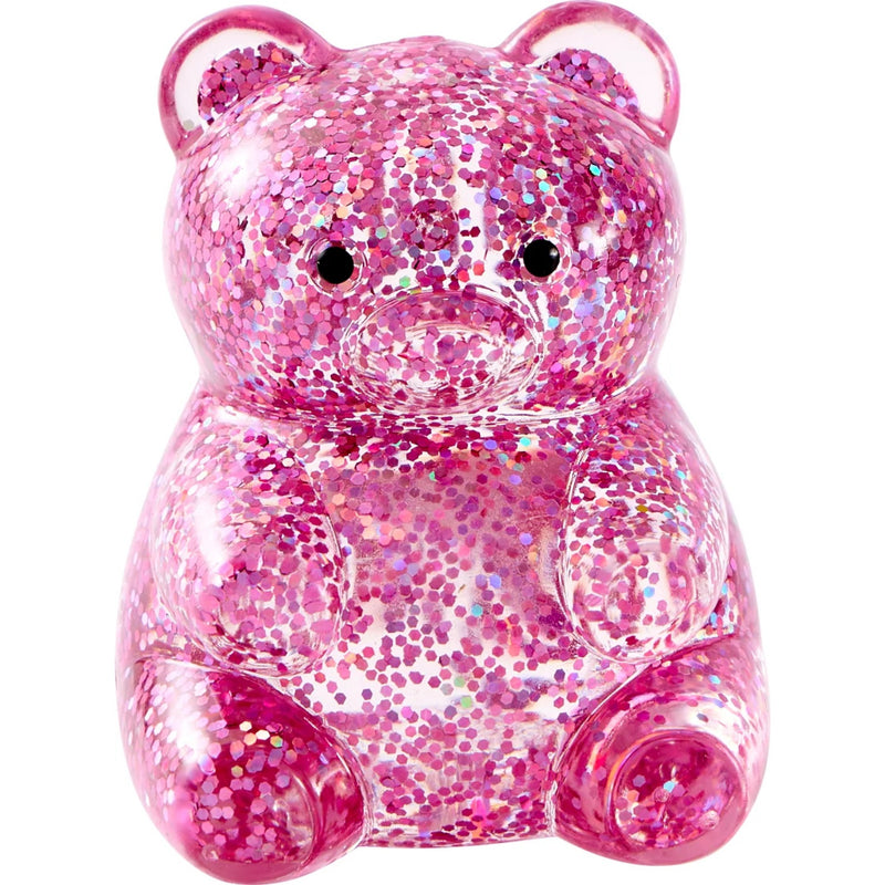 Pink Glitter Bear shaped squishy on white background.