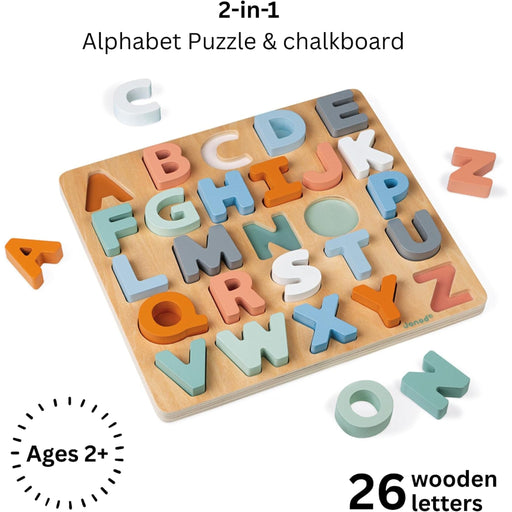 A wooden alphabet puzzle board with colorful 26 wooden letters arranged on a light wood base, shown on a white background with text reading '2-in-1 Alphabet Puzzle & chalkboard' and 'Ages 2+'.