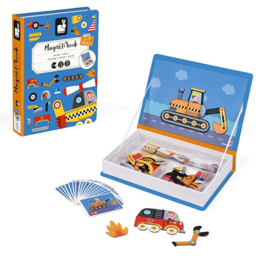 Children's magnetic toy book set with a blue illustrated box, an open case showing magnetic construction vehicles and tools, cards, and loose pieces on a white background.
