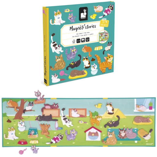 Magnét stories cat activity set shown with the teal instruction box and the assembled play scene below. The box features colorful cartoon cats and the title 'Magnét stories' with age 3+ and 10 mins text.