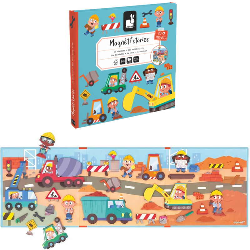 Magnetic construction worker children's book and matching magnetic puzzle set by Janod. The top shows the colorful illustrated book cover, and the bottom shows the assembled magnetic scene with construction vehicles, workers, and barriers on a white background.