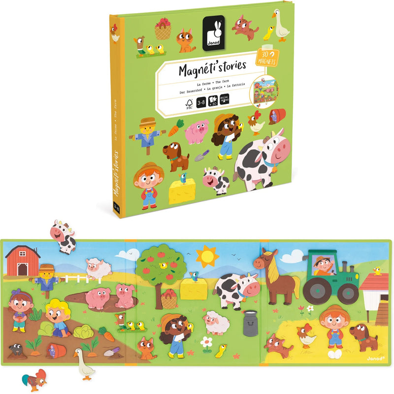 Children's magnetic storytelling board game set shown with its illustrated box and the assembled unfolded board. The packaging is light green with cartoon animals and the title 'Magnéti stories.