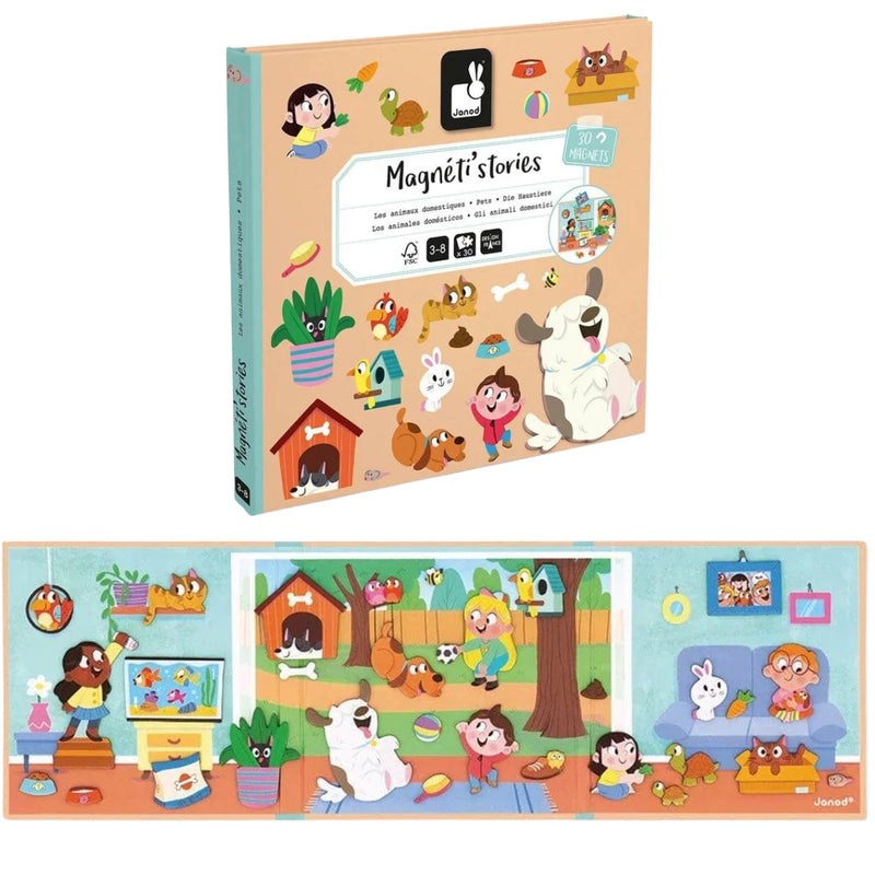 A children's puzzle book set titled 'Magnét stories' shown with the product box and an assembled illustrated puzzle below on a white background.