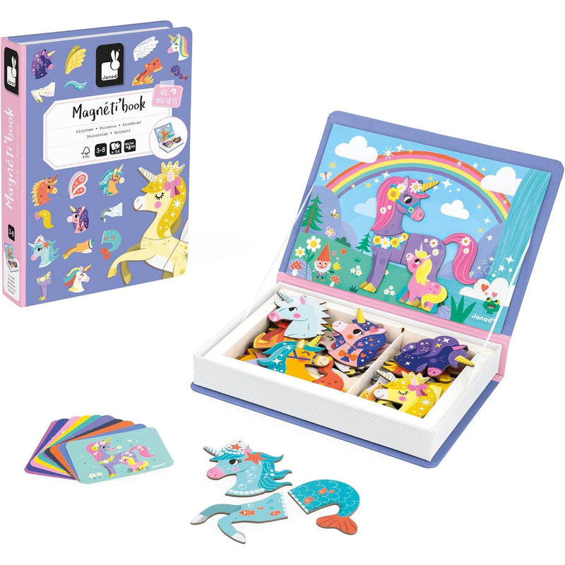 Unicorn-themed magnetic book set with colorful magnets and packaging on a white background