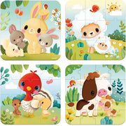 A progressive set of four children's animal-themed jigsaw puzzles arranged in a 2x2 grid. The illustrations feature cute cartoon animals including a yellow bunny, a sheep, a red turkey, and a brown-and-white cow, all set in colorful outdoor scenes with flowers, leaves, and a blue sky.
