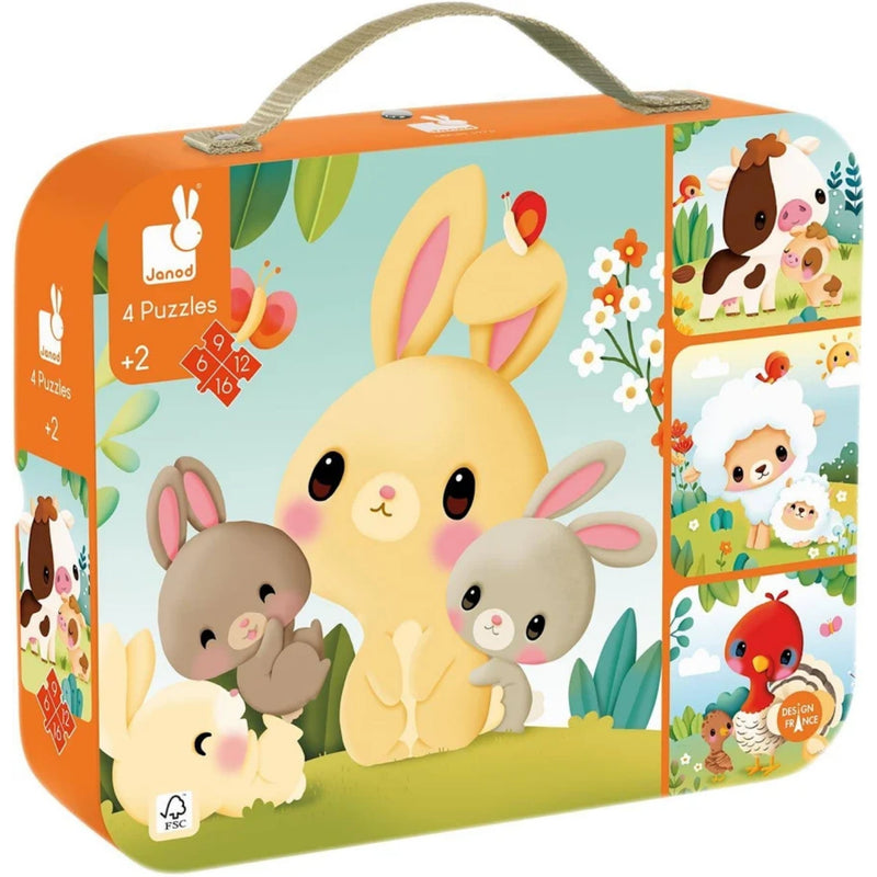 A case with handle containing four progressive farm puzzles.  The case is orange with an animal print on the front on a white background.
