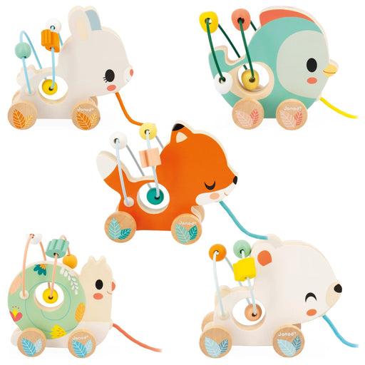 Five wooden pull toys for babies, each shaped like a different animal, arranged on a plain white background. The toys include a rabbit, a bird, a fox, a snail, and a puppy, with colorful pegs, beads, and wheels.