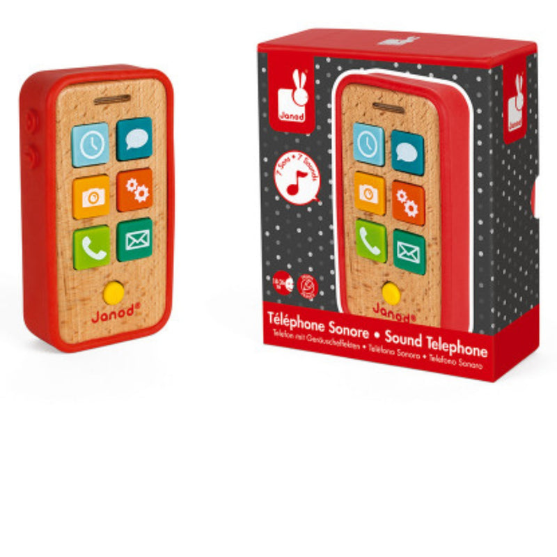 Janod wooden sound telephone toy shown next to its retail packaging box on a clean white background.