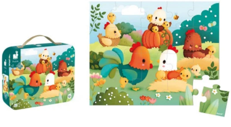 A children's jigsaw puzzle set with a matching carrying case, shown on a plain white background. The artwork features colorful cartoon farm animals including a rooster, chicken, duck, pig, sheep, and a bear in a garden scene.