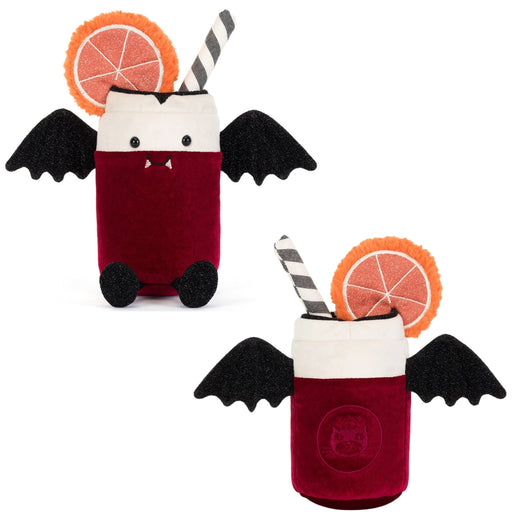 Front and back view of a plush vampire drink shaped like canned cocktail, shown on a white background. Each has black bat wings, a dark red body, a white top, a striped straw, and an orange slice garnish.