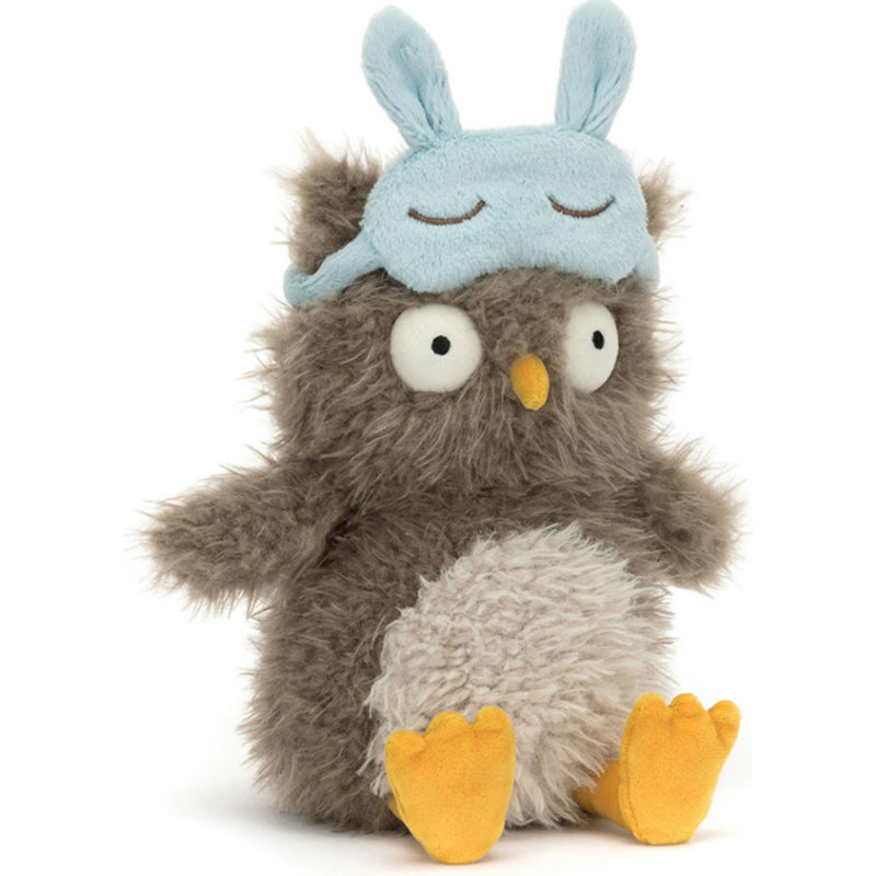 A Jellycat gray owl wearing a light blue sleep mask, sitting against a solid white background.
