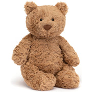 Front side of classic Teddy Bear Bartholomew from Jellycat.  Light brown color, soft plush fur on white background.