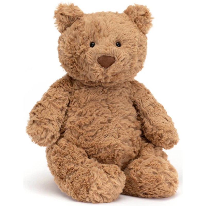 Front side of classic Teddy Bear Bartholomew from Jellycat.  Light brown color, soft plush fur on white background.
