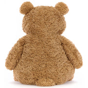 Back side of classic Teddy Bear Bartholomew from Jellycat.  Light brown color, soft plush fur on white background.